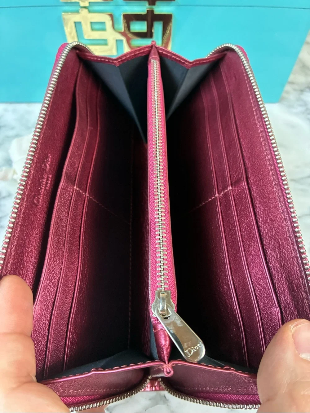 Christian Dior Lady Dior Dark Pink Patent Leather Zip Around Cannage Wallet